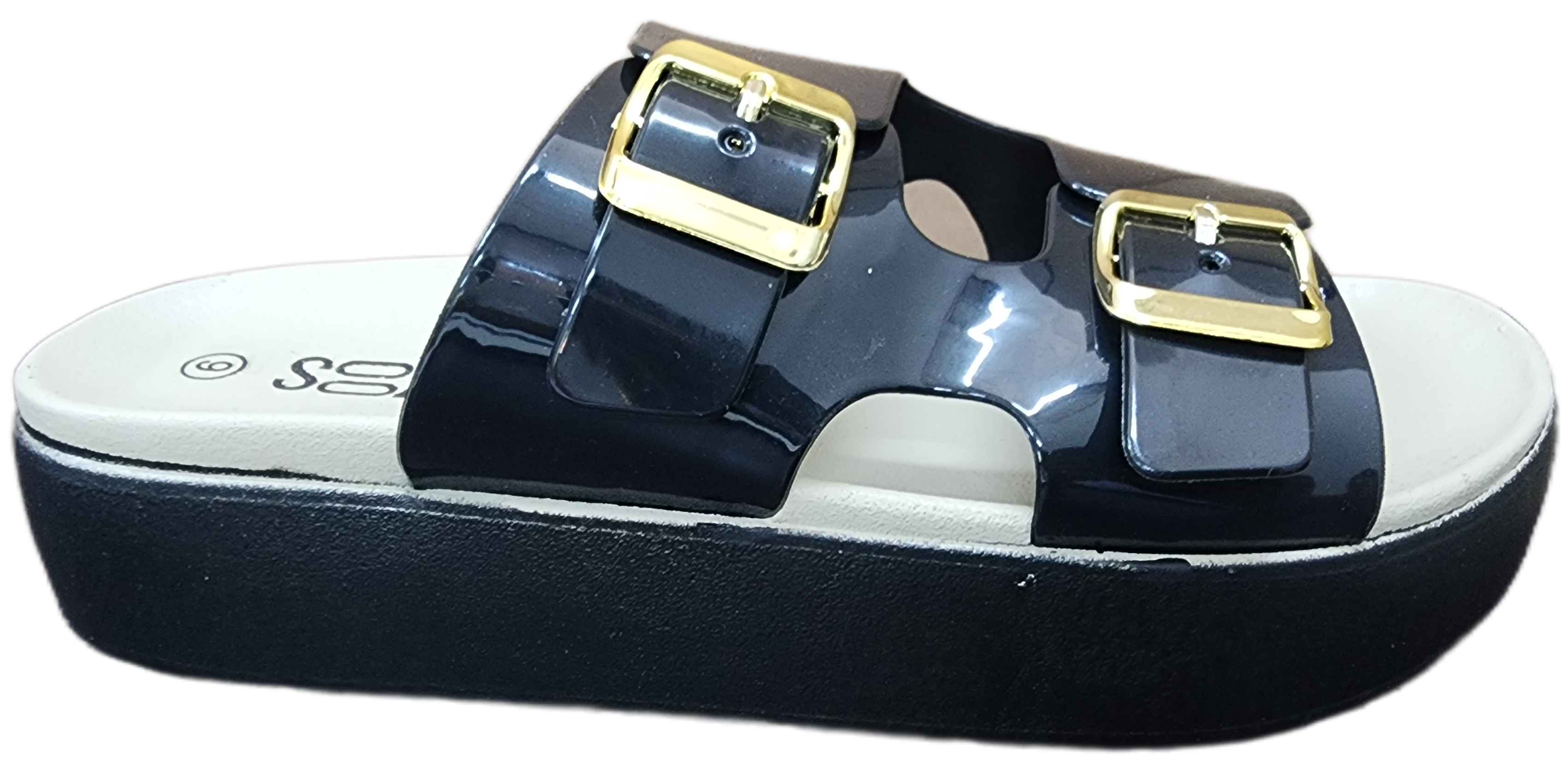 Ladies Platform Sandle PU Black Gold Buckle F0270-30