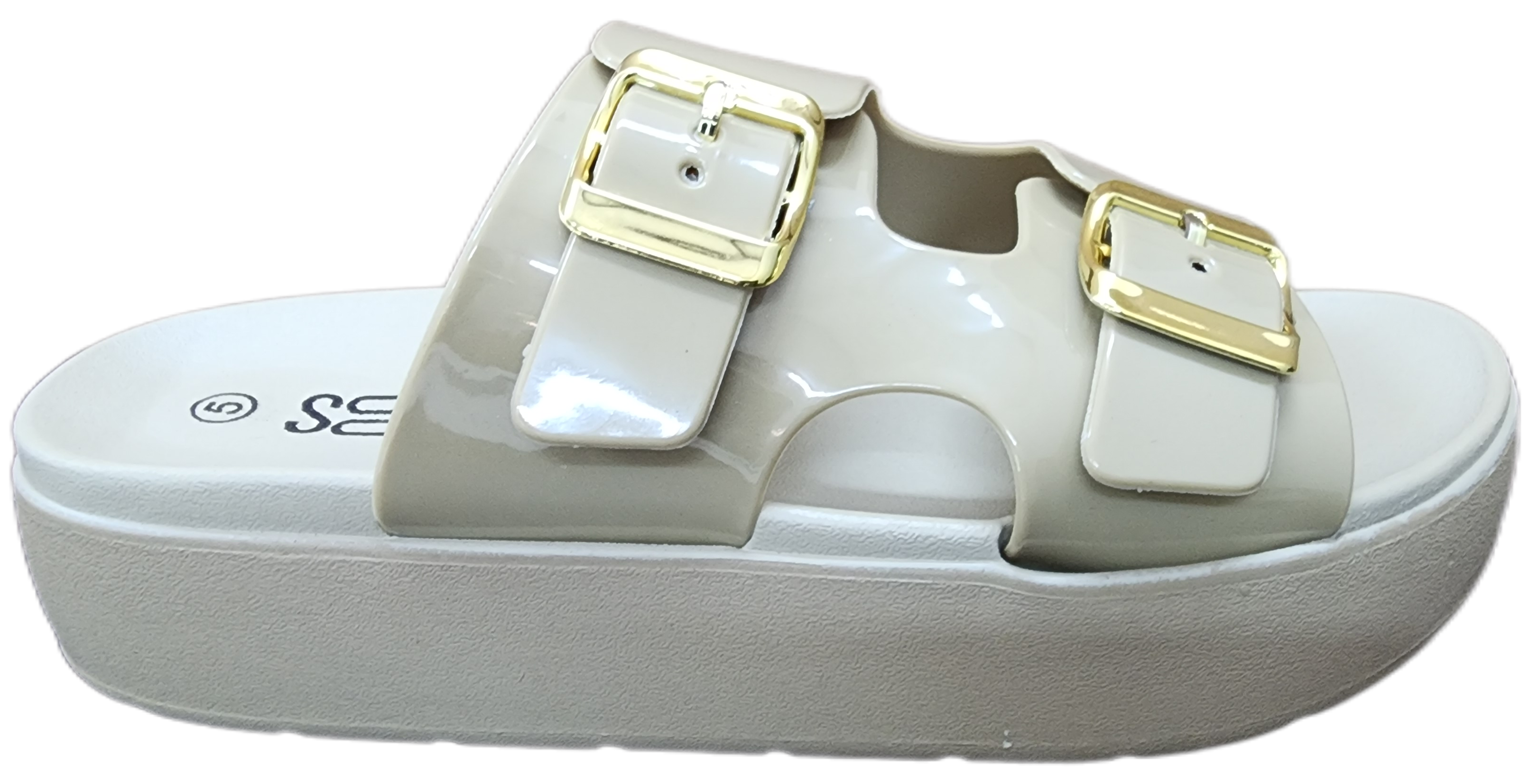 Ladies Platform Sandle PU Taupe Gold Buckle F0270-30