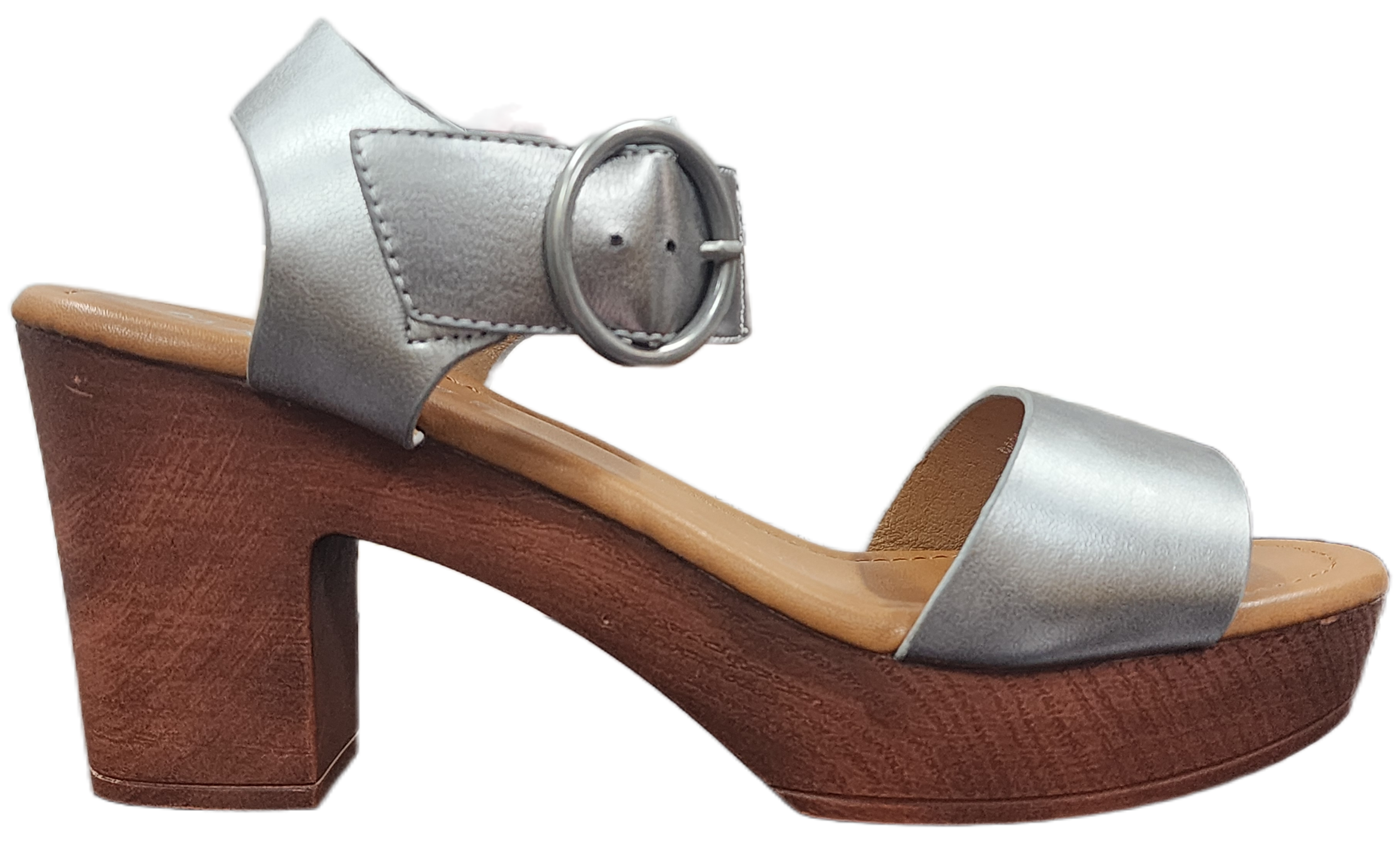Ladies Block Heel Pleather Silver WIN-1436