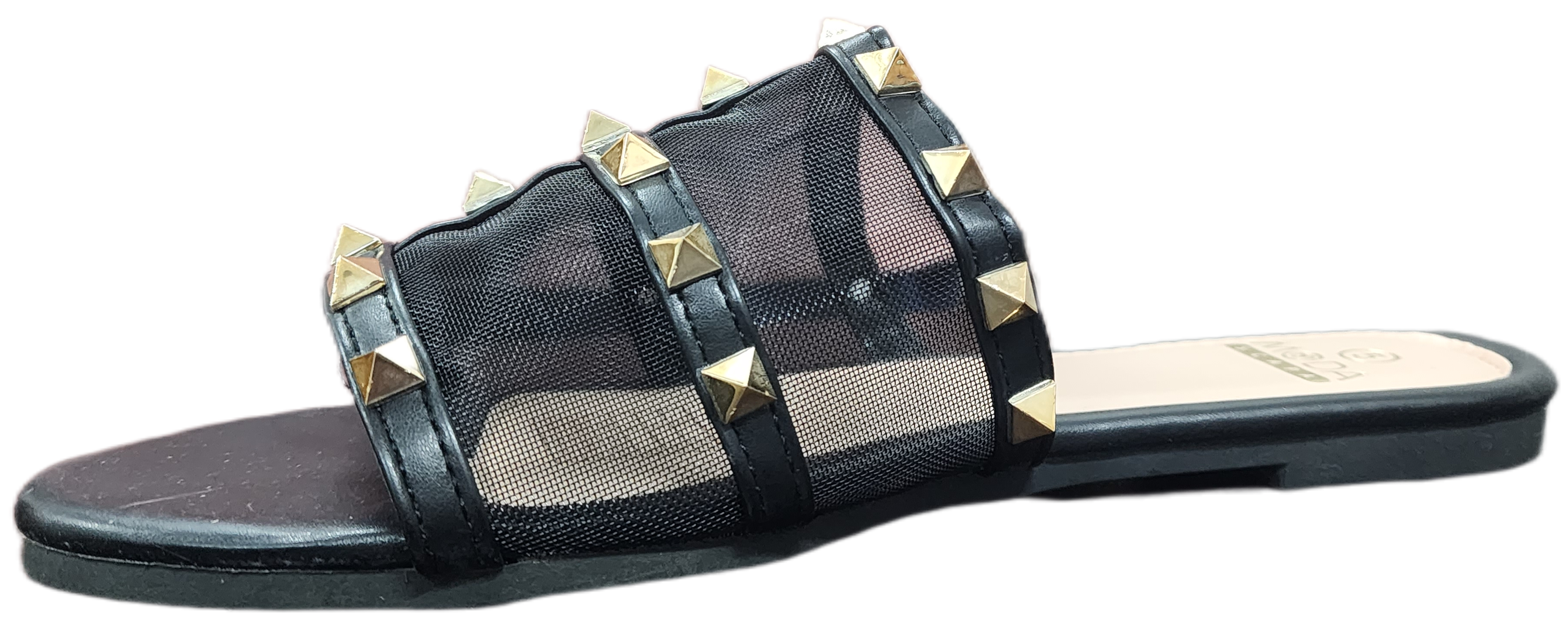 Ladies Gold Studded Flat Sandal Black YT283