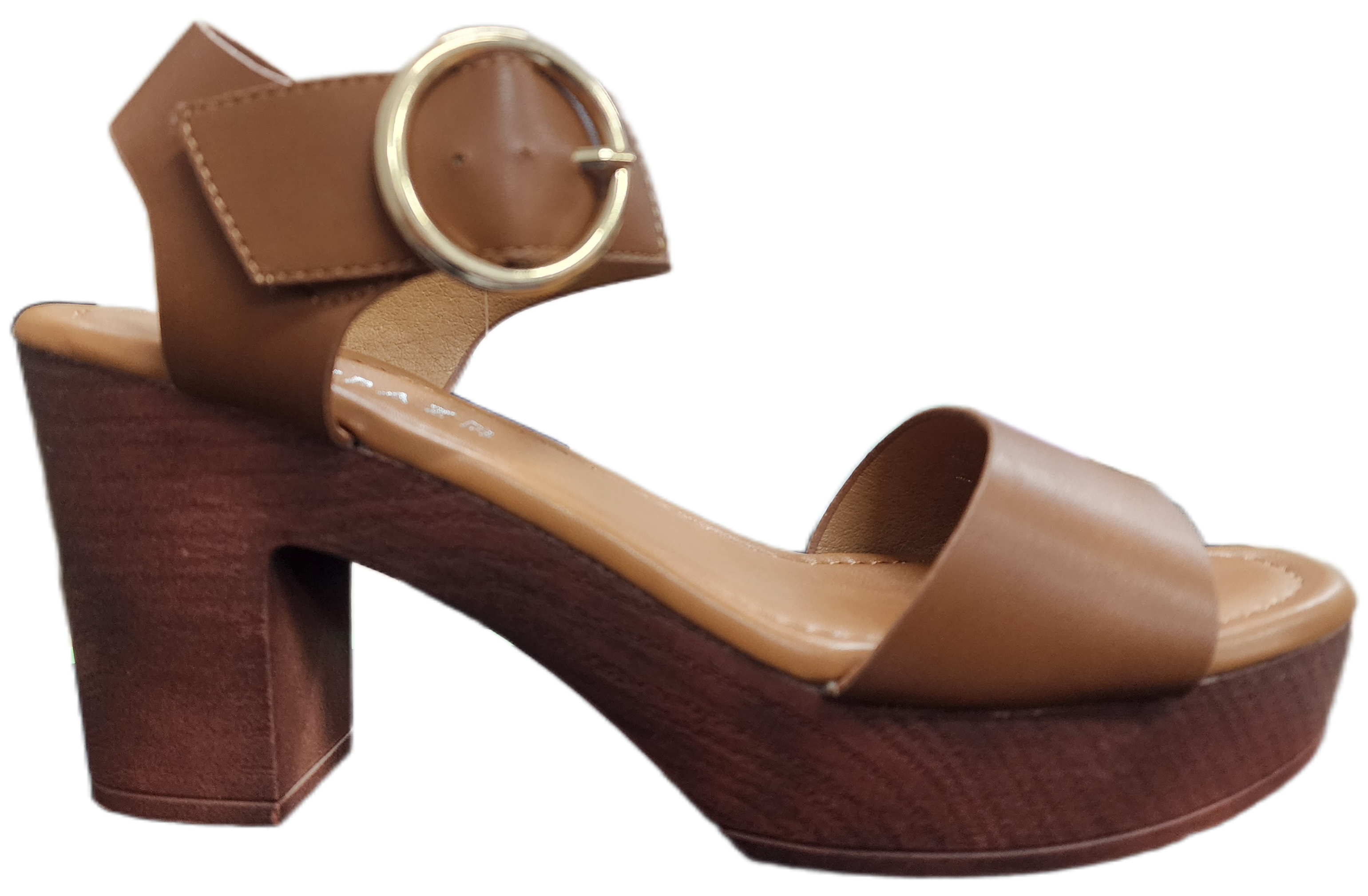 Ladies Block Heel Pleather Lt Brown WIN-1436