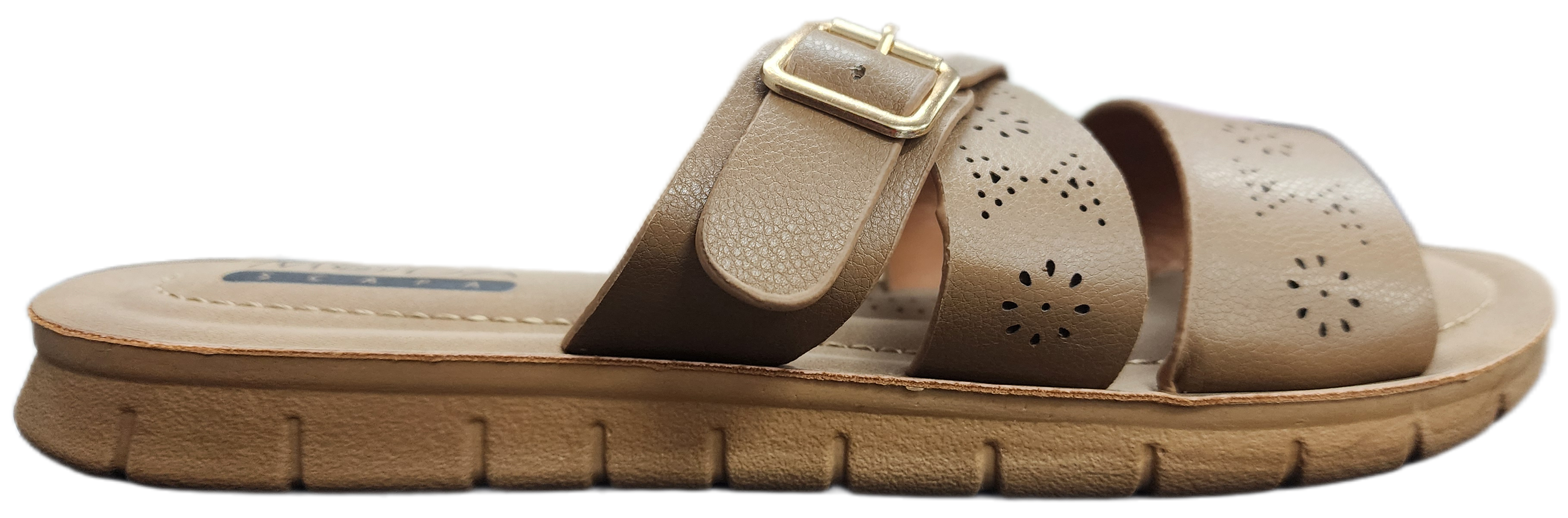 Ladies Flat Sandal Taupe Buckle L5315-12