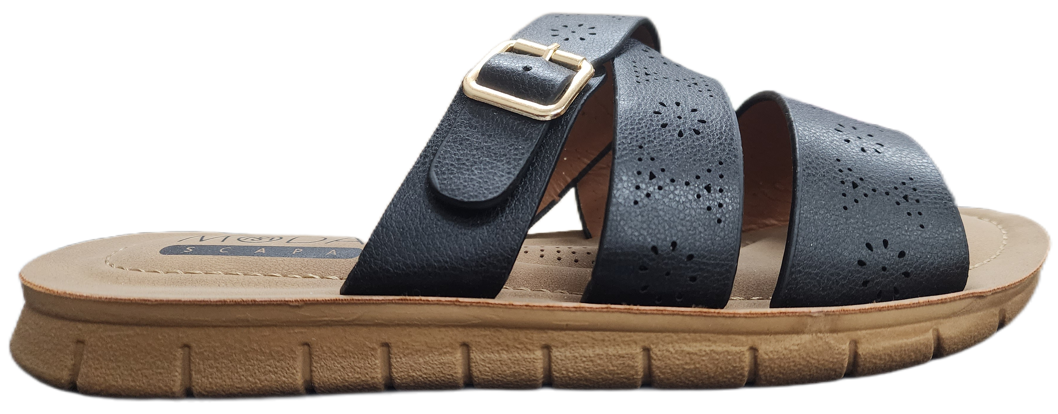 Ladies Flat Sandal Black Buckle L5315-12