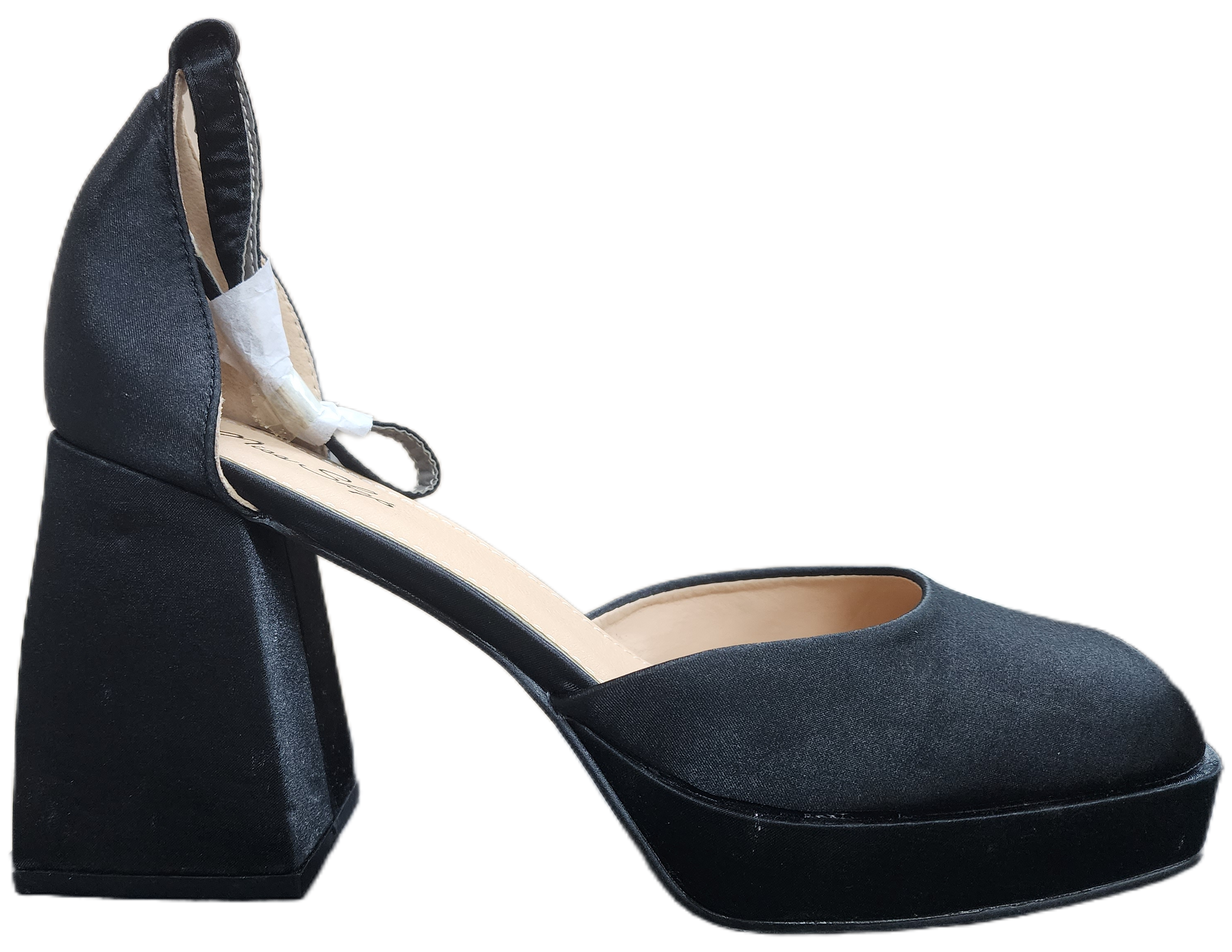 Ladies Block Heel Platform Black Satin WIN-1048