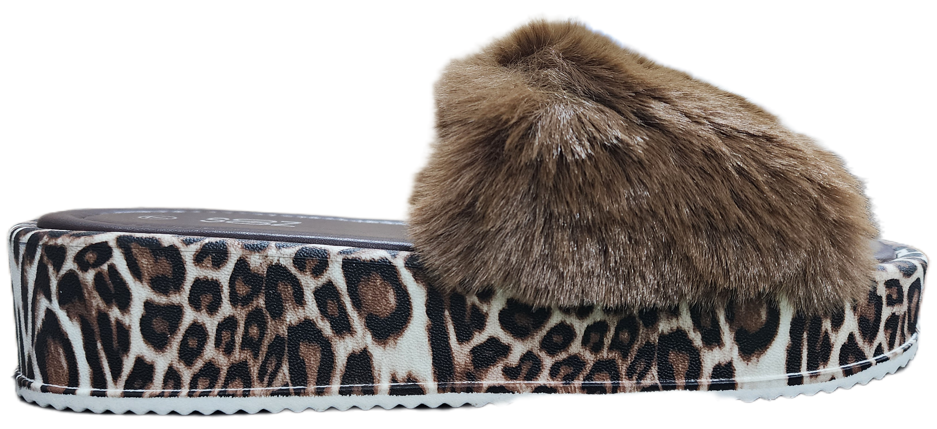 Ladies Platform Fur Animal/Choc Sandal F0208-947