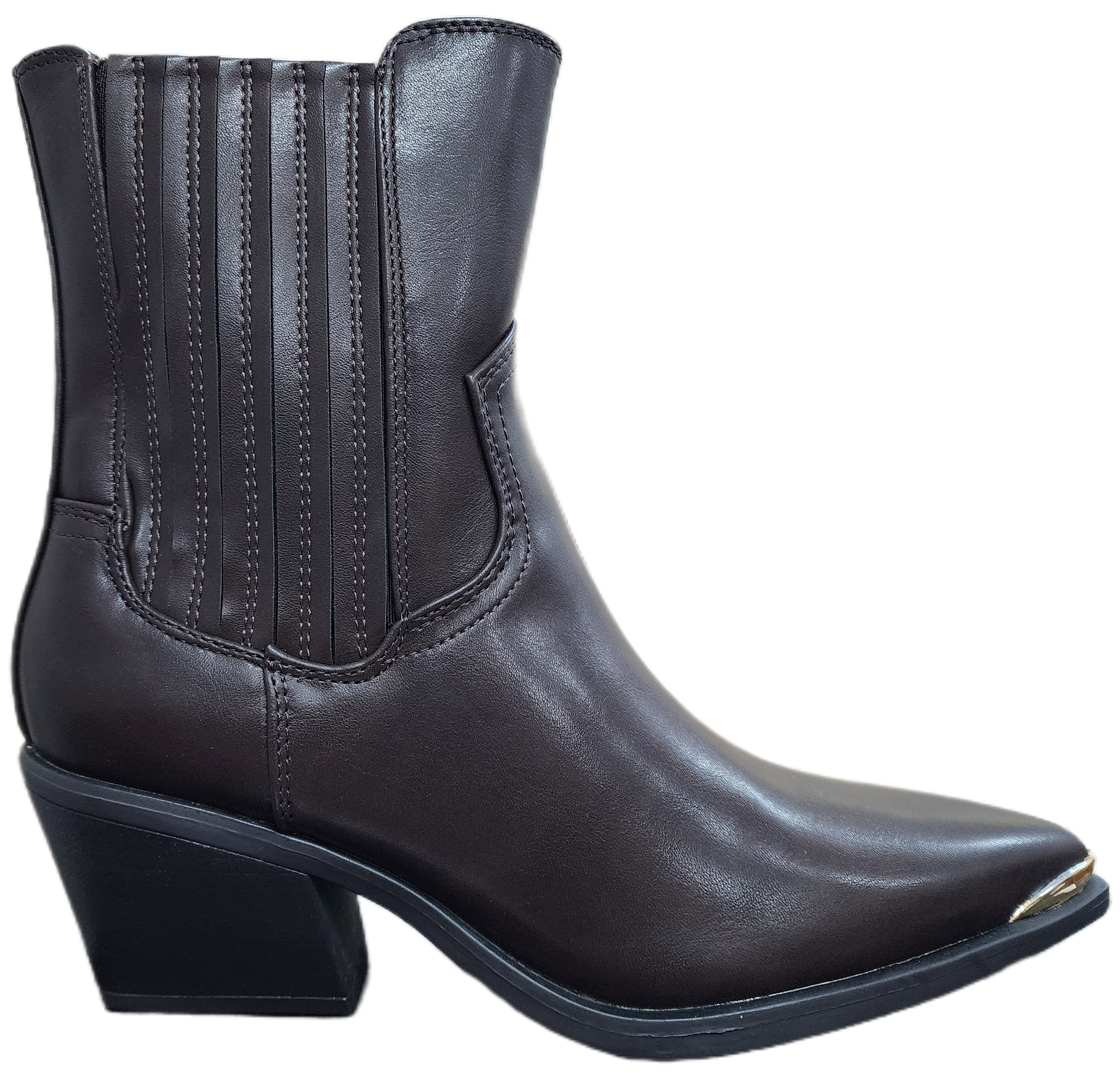Ladies Medium Heel Boot w Gold Tip short heel Brown WIN-1429