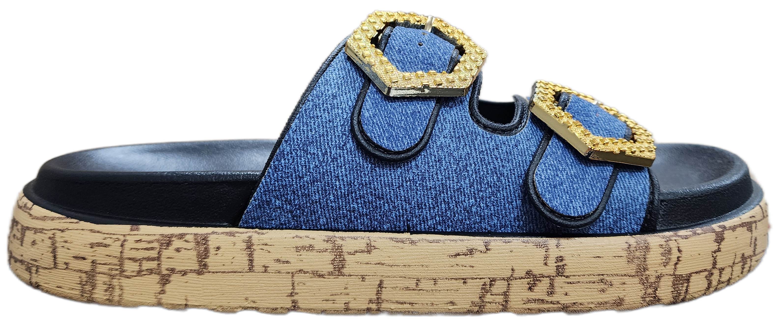 Ladies Platform Sandal Denim/Gold Black Buckle F0282-981