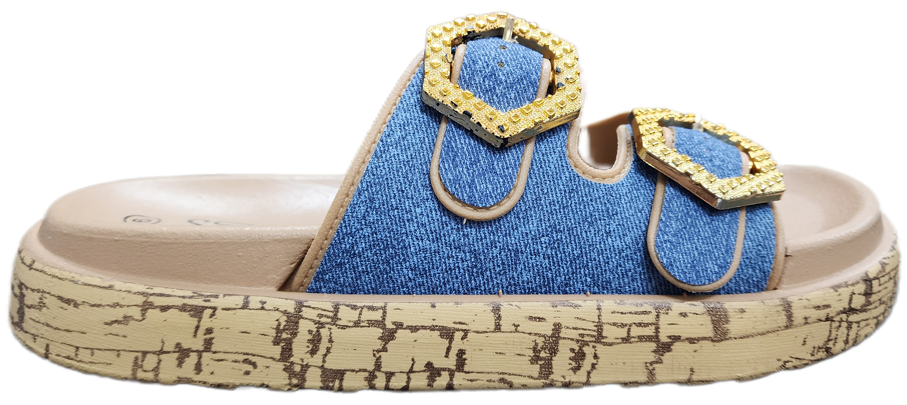 Ladies Platform Sandal Denim/Gold Tan Buckle F0282-981