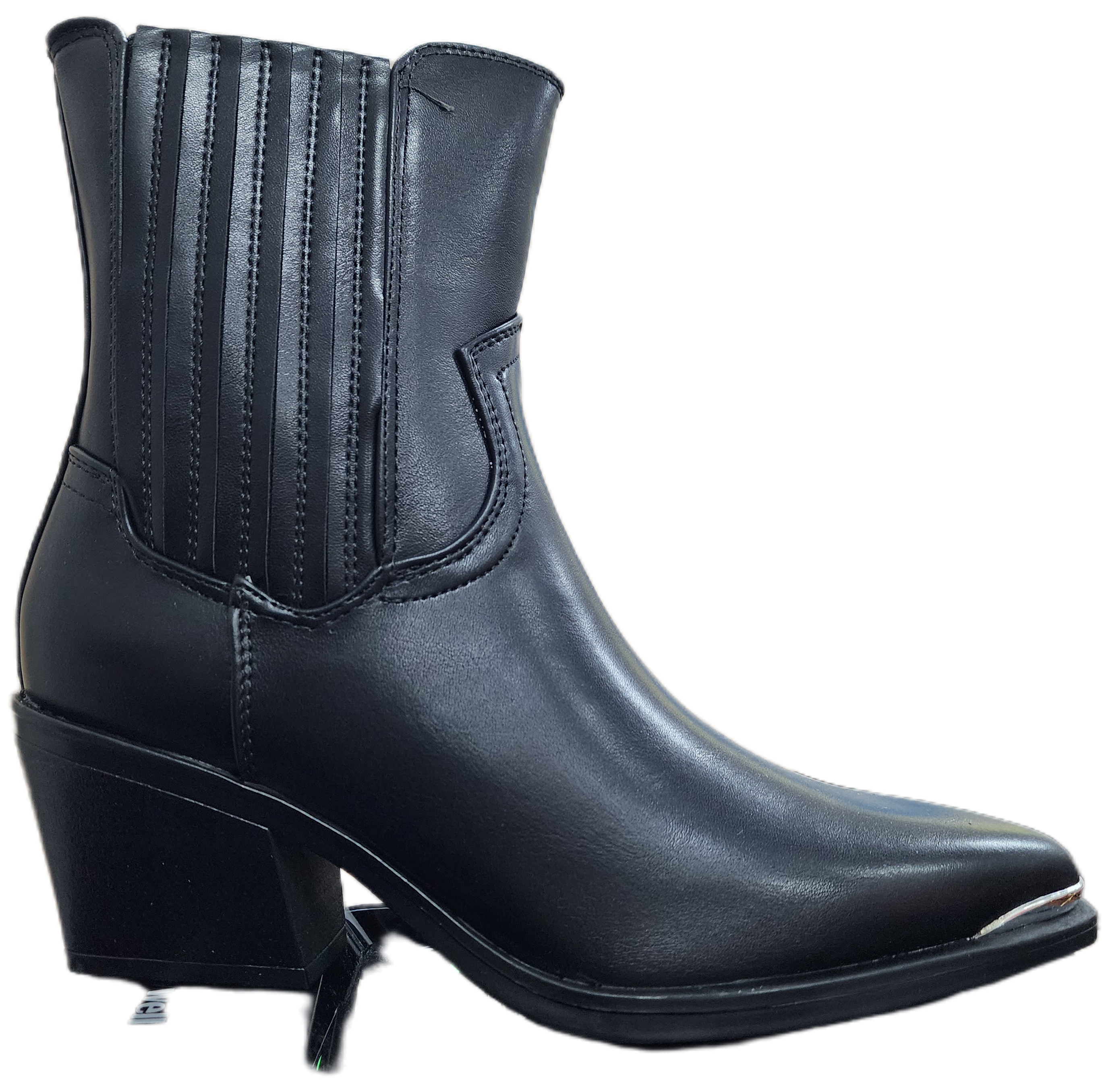 Ladies Medium Heel Boot Silver Tip Pleather Black WIN-1429