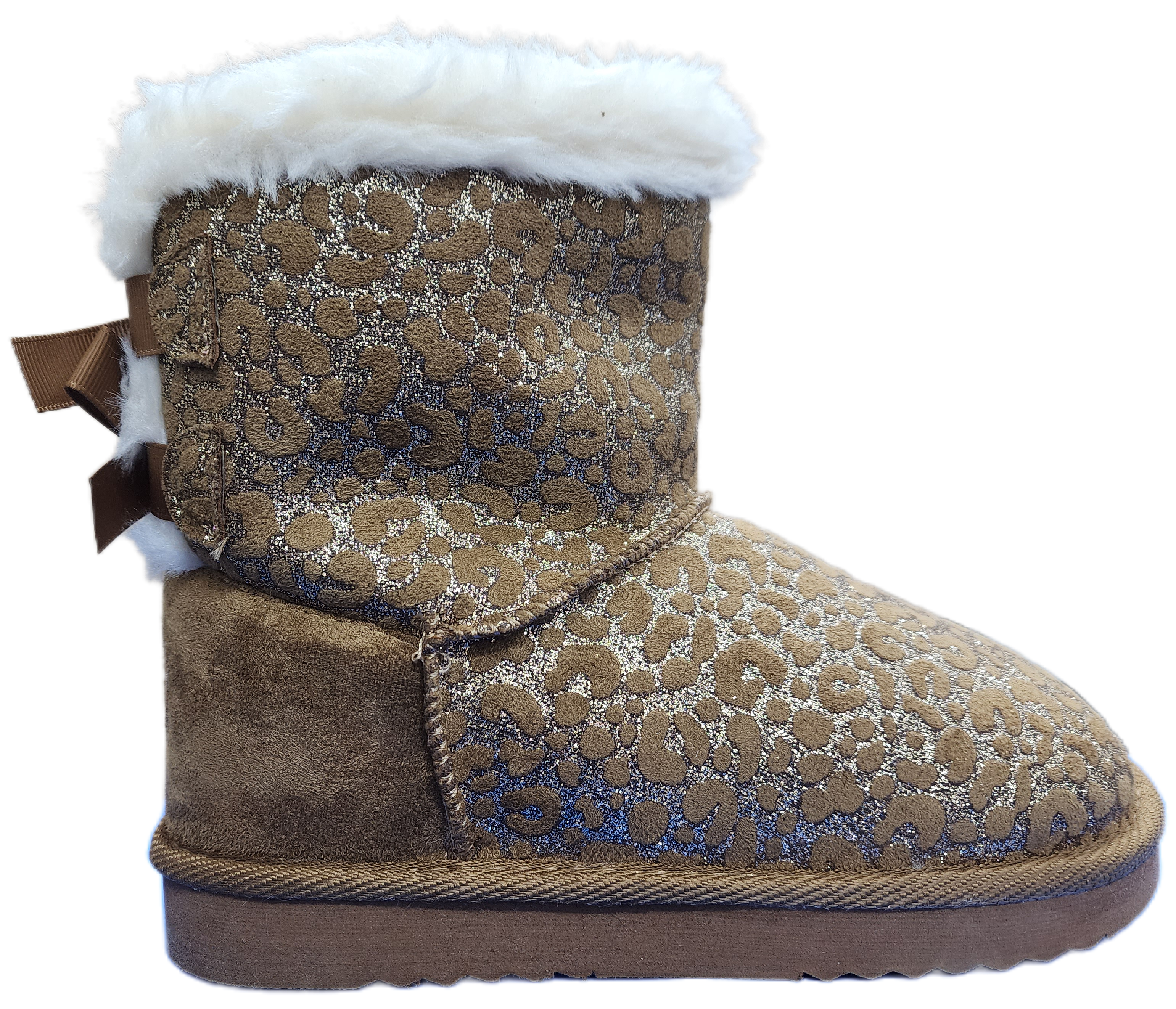 Kids Girls Glitter Fleece Ugg Boot Brown WIN-1464